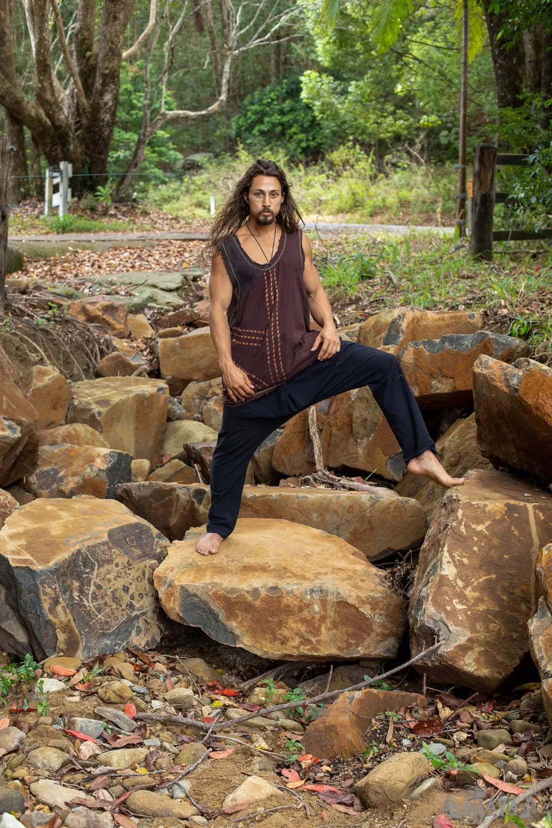 MUKTI Black Mens Sleeveless Tank Top Shipibo and Block Print combo on cotton gypsy festival shirt ethnic eclectic Tribal breathable AJJAYA