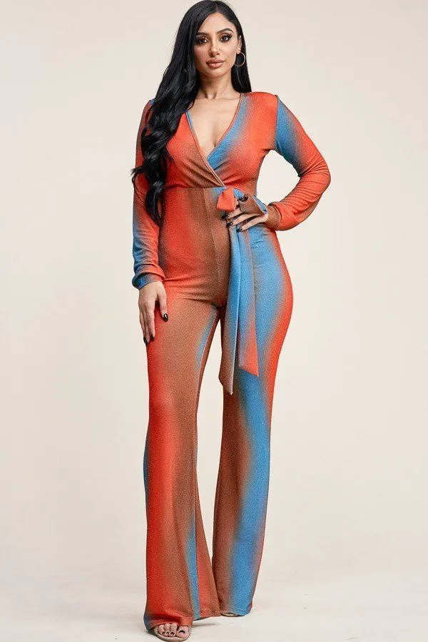 Multi Color Metallic Nylon Long Sleeve Jumpsuit