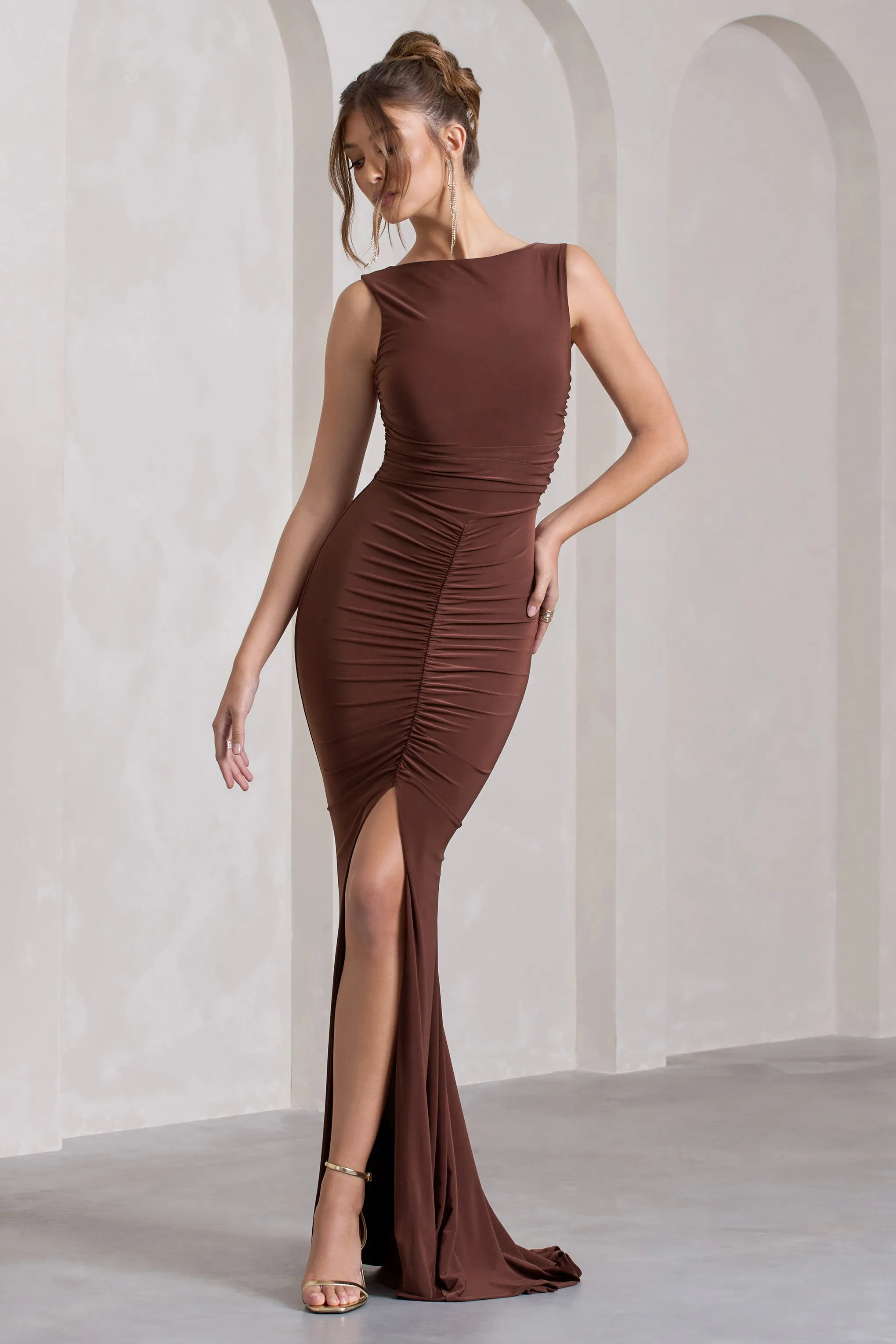 My Presence | Chocolate Brown Low-Back Fishtail Split Maxi Dress