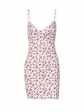 Nadya Cherry Print Mini Dress in White