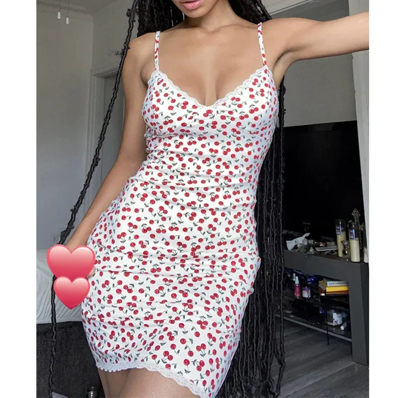 Nadya Cherry Print Mini Dress in White