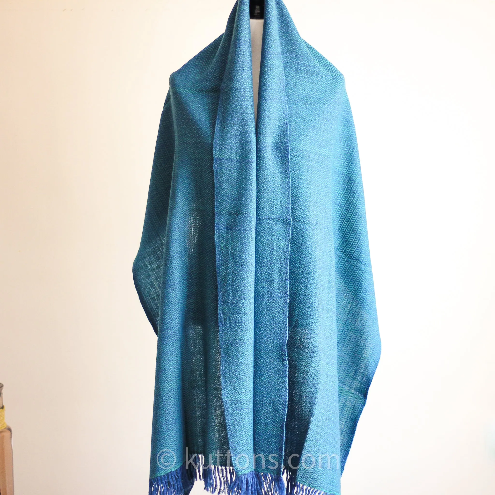 Naturally Dyed Handwoven Merino & Himalayan Wool Shawl Wrap - Dyed with Indigo & Tesu Flowers | Blue-Green, 23.5x84"