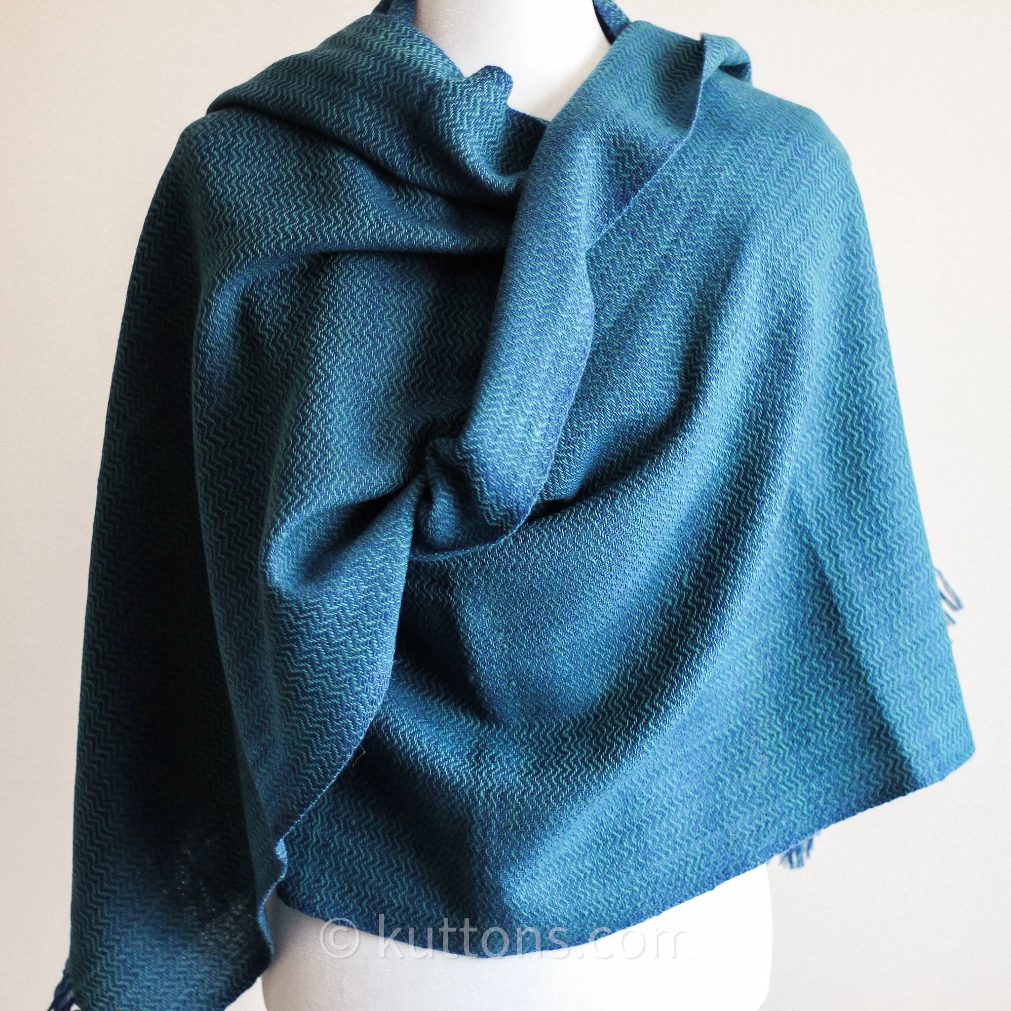 Naturally Dyed Handwoven Merino & Himalayan Wool Shawl Wrap - Dyed with Indigo & Tesu Flowers | Blue-Green, 23.5x84"