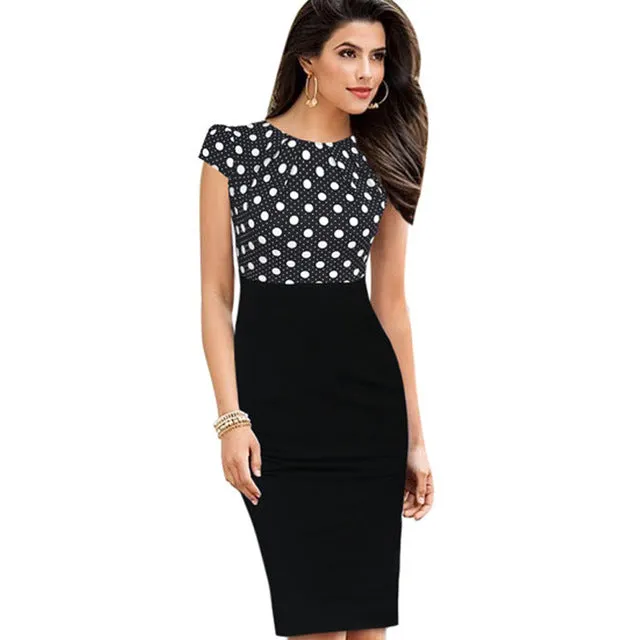 Nice-forever New Print Stylish Elegant Casual Work Ruched Cap Sleeve Gather O-Neck Bodycon Knee Women Office Pencil Dress B316