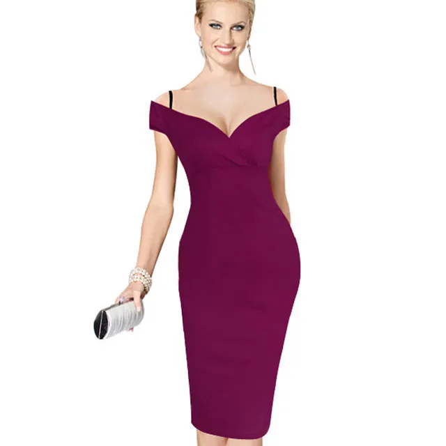 Nice-forever New Sexy Elegant Solid Stylish Casual Work Strap Slash Neck Bodycon Knee Midi Women Formal Pencil Dress B309