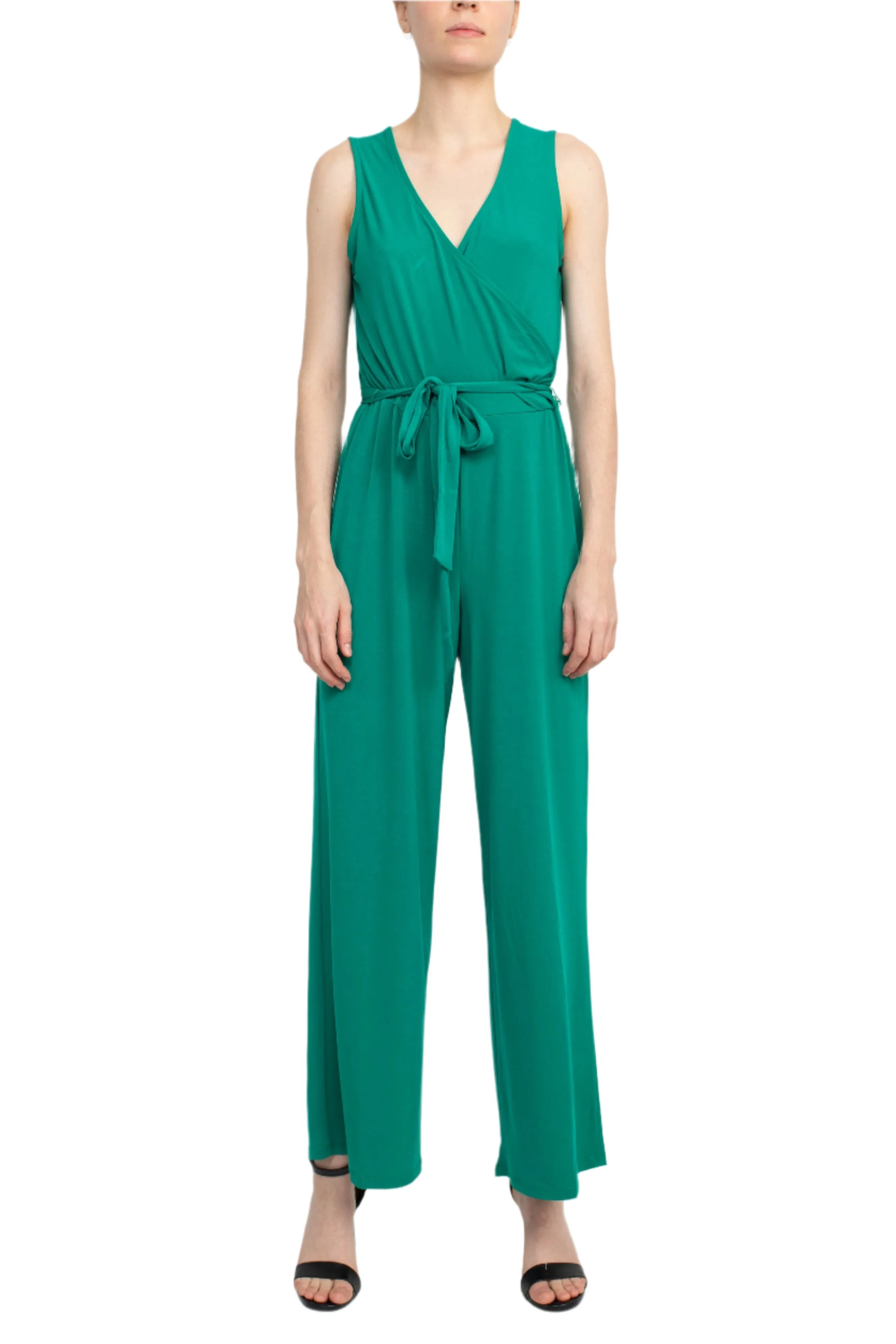 Nina Leonard V- Neck Back Zipper Sleeveless Front Tie Waist Jersey Jumpsuit