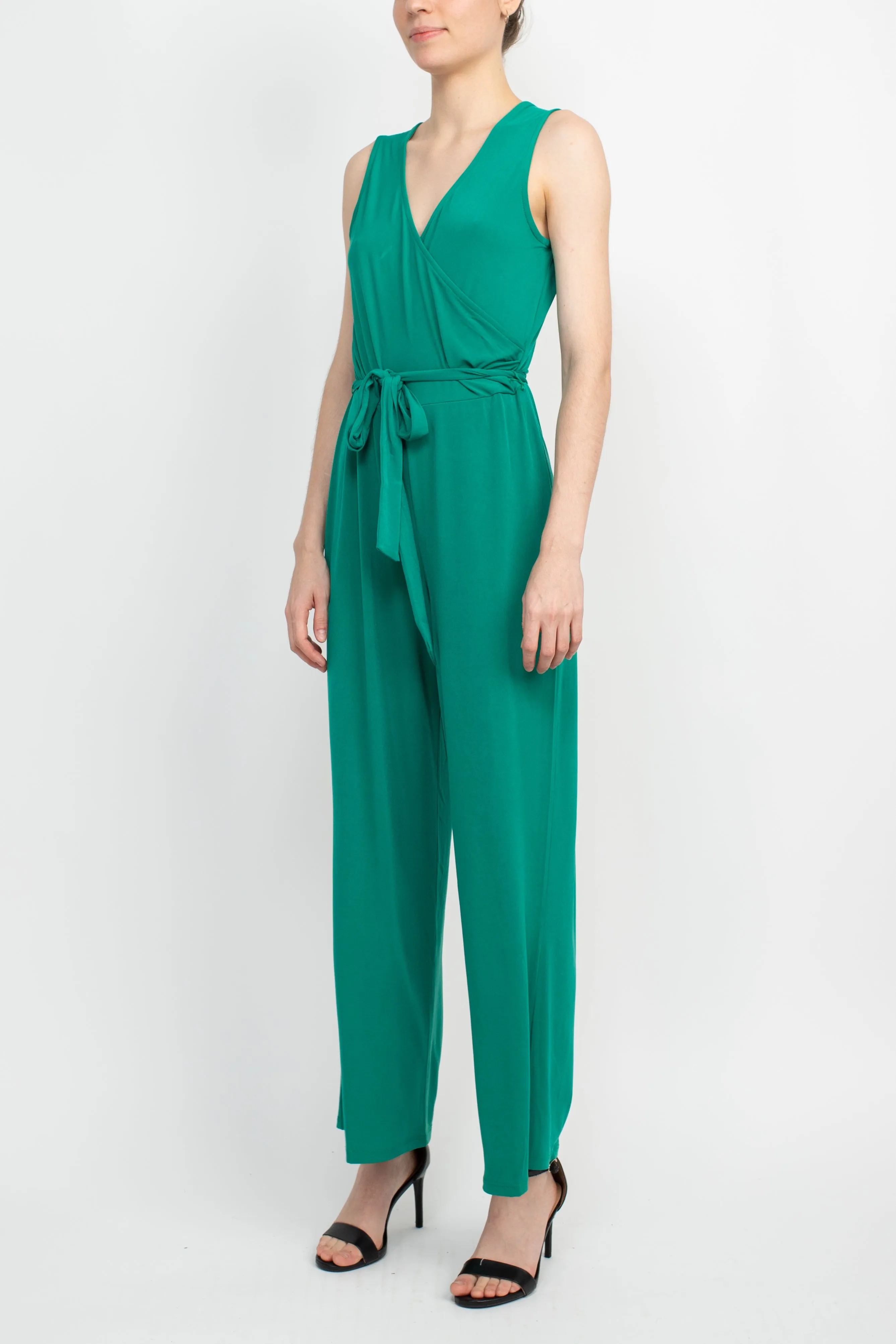 Nina Leonard V- Neck Back Zipper Sleeveless Front Tie Waist Jersey Jumpsuit