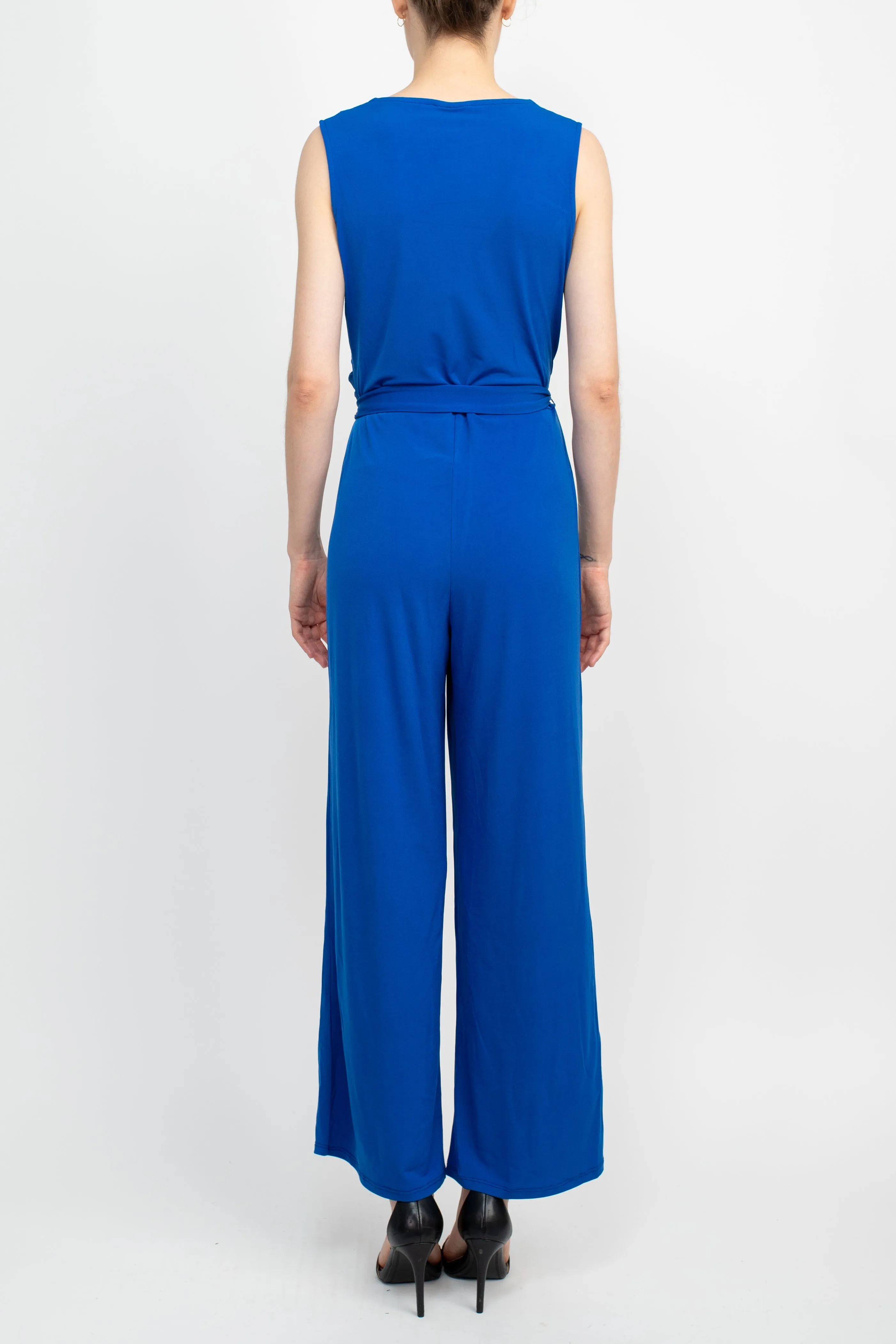 Nina Leonard V- Neck Back Zipper Sleeveless Front Tie Waist Jersey Jumpsuit