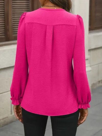 Notched Flounce Sleeve Blouse