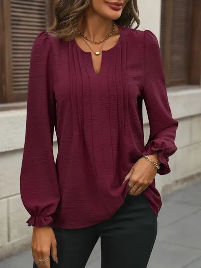 Notched Flounce Sleeve Blouse