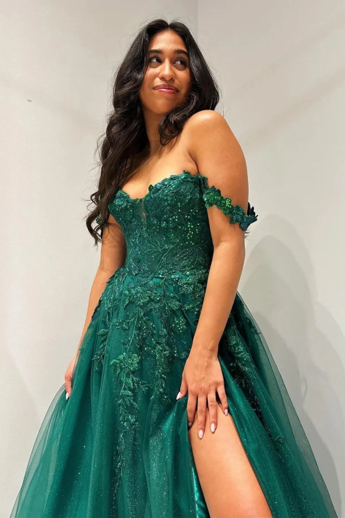 Off Shoulder Green Lace Long Prom Dress with Side Split, Green Lace Formal Dress, Green Evening Dress A2050