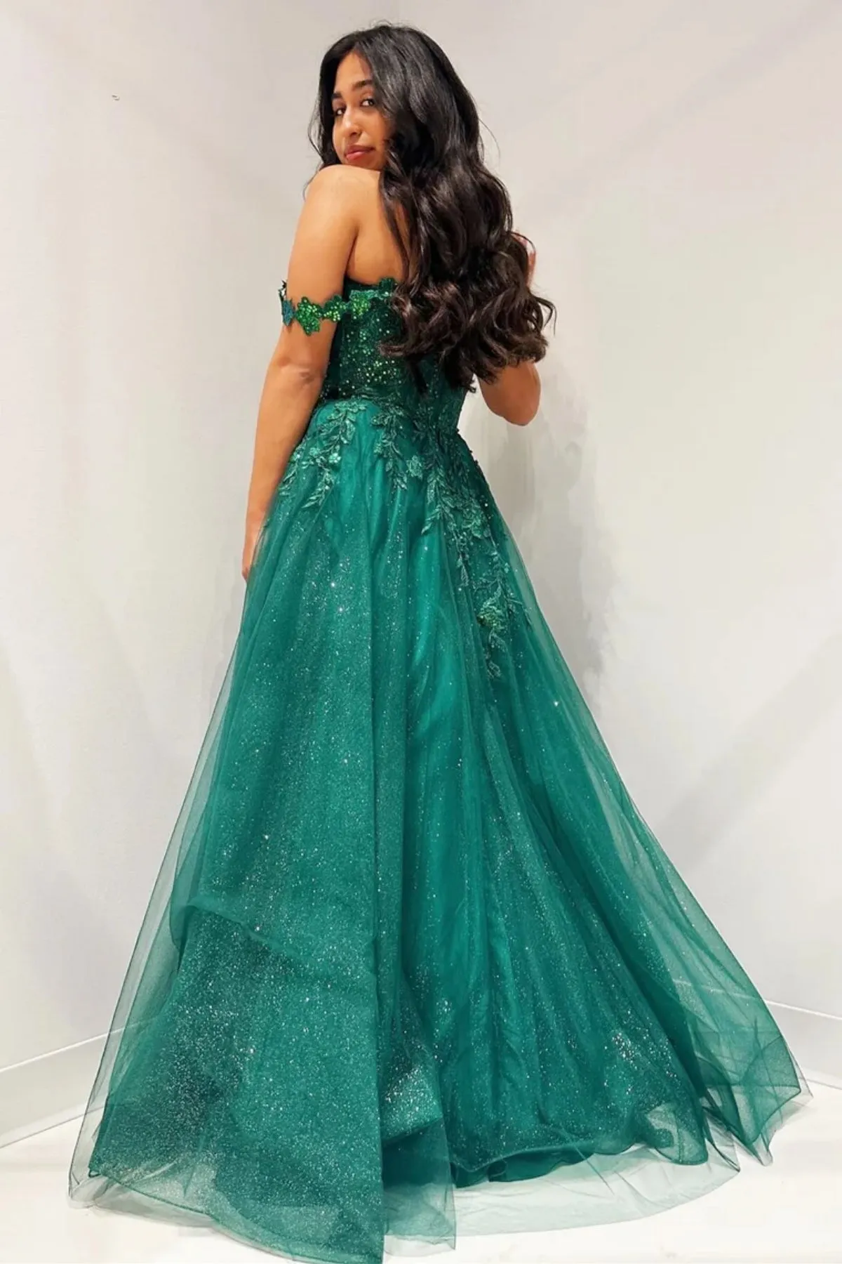 Off Shoulder Green Lace Long Prom Dress with Side Split, Green Lace Formal Dress, Green Evening Dress A2050