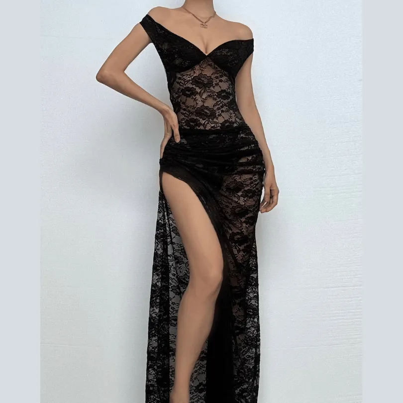 Off shoulder lace backless see through maxi skirt set