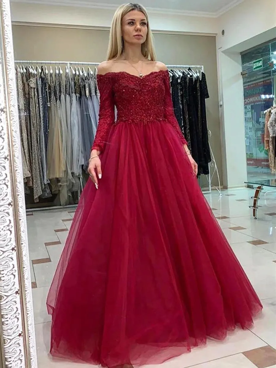 Off Shoulder Long Sleeves Burgundy Lace Prom, Long Sleeves Burgundy Lace Formal, Burgundy Lace Evening