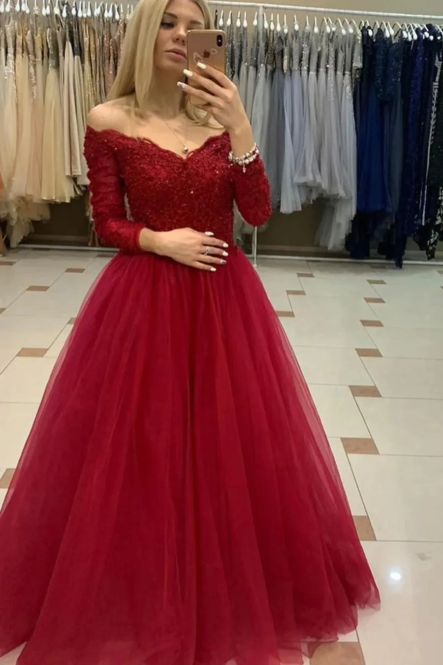 Off Shoulder Long Sleeves Burgundy Lace Prom, Long Sleeves Burgundy Lace Formal, Burgundy Lace Evening