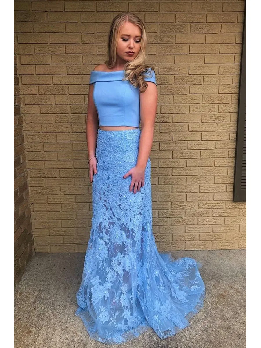 Off Shoulder Two Pieces Mermaid Lace Light Blue Long Prom with Train, Light Blue Lace Formal, Evening