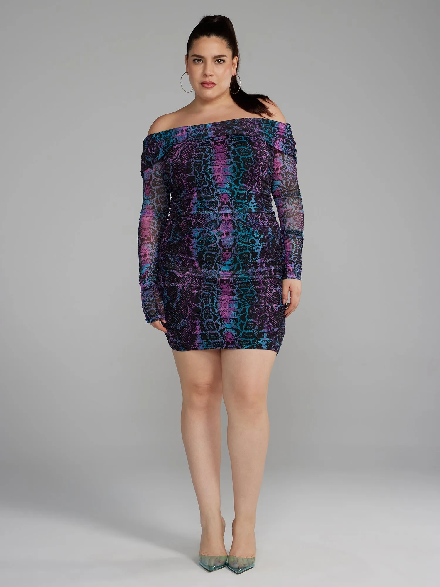 Off-The-Shoulder Snake Print Mesh Dress