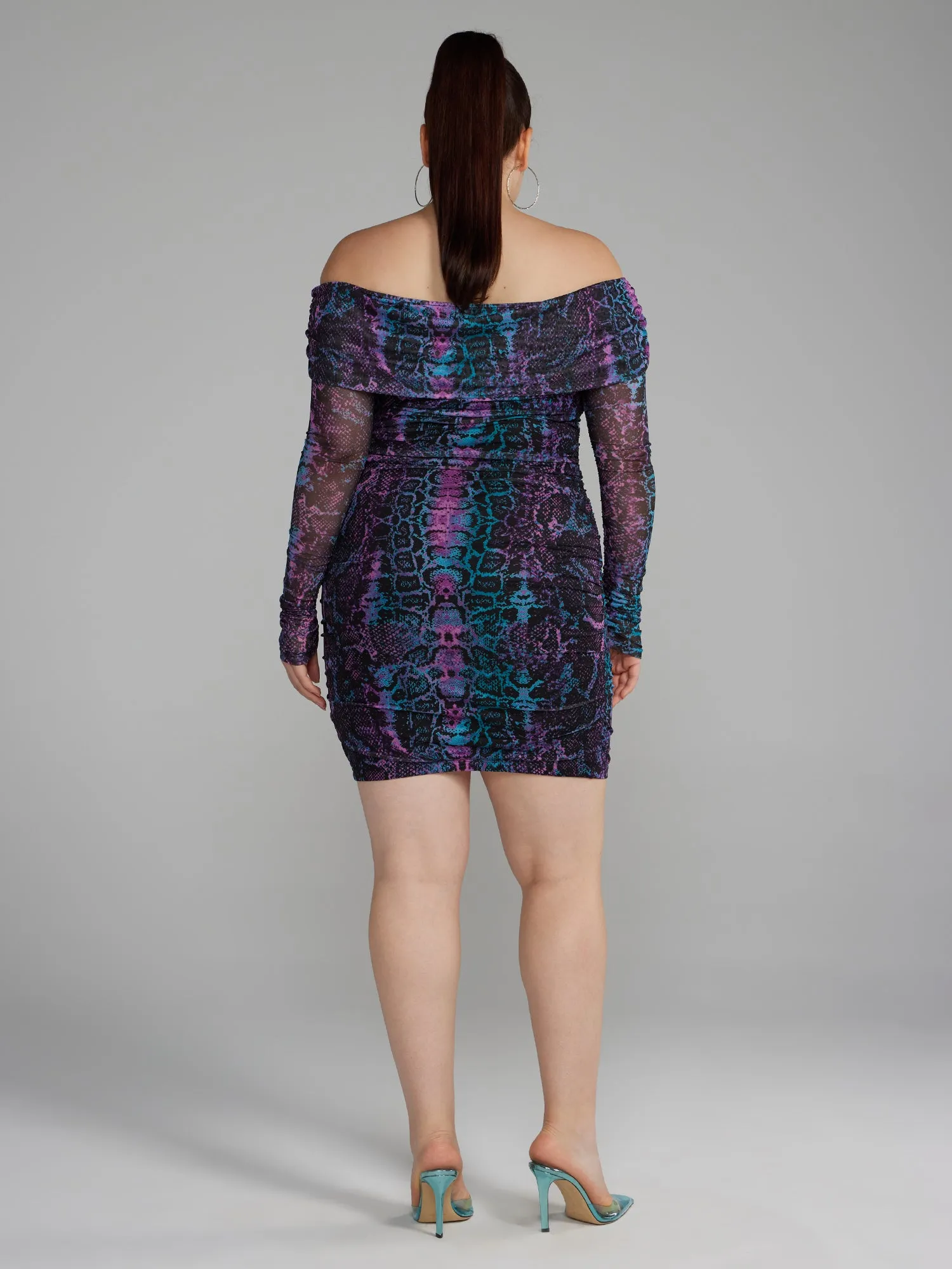 Off-The-Shoulder Snake Print Mesh Dress