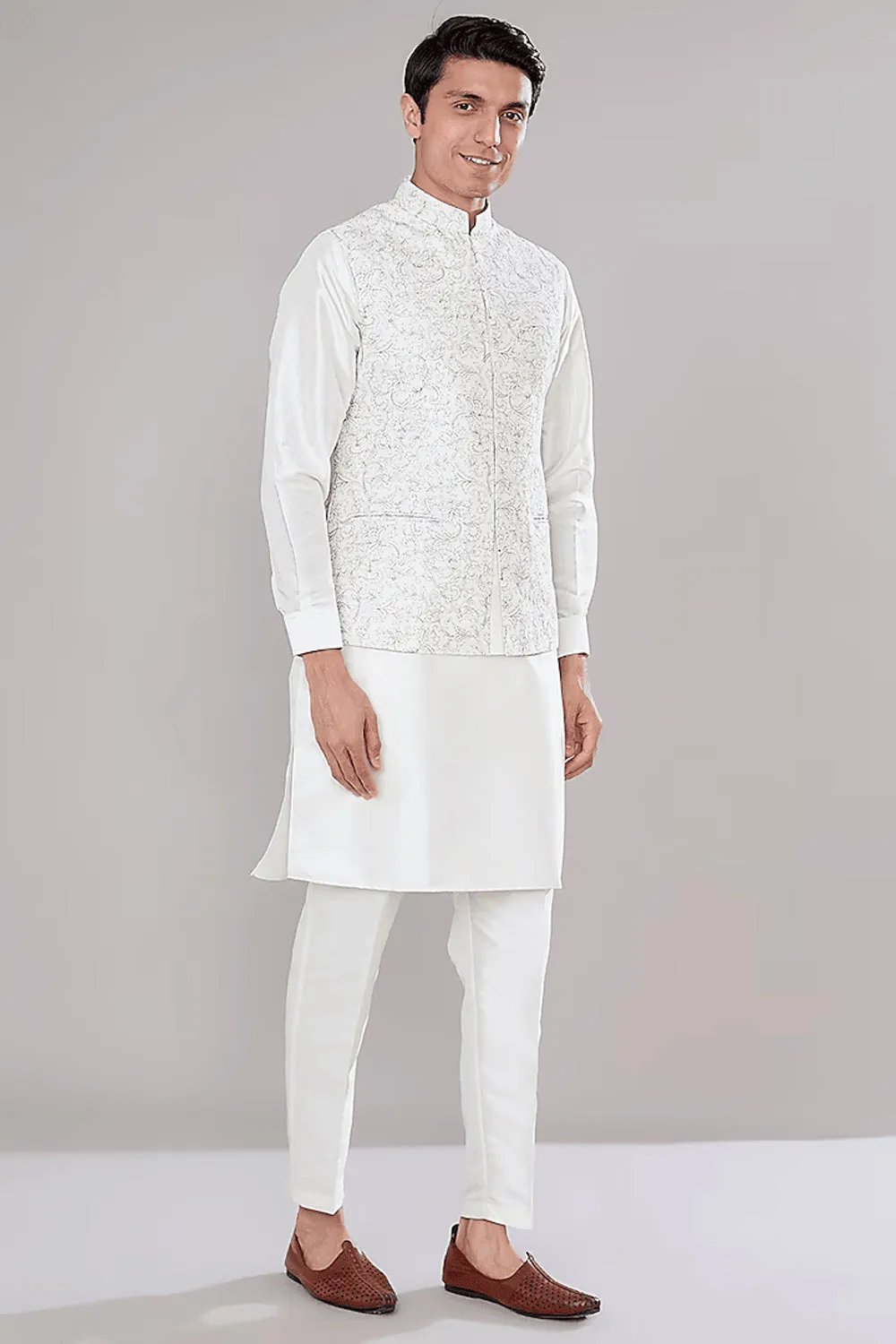 Off White Printed Kurta Jacket Set