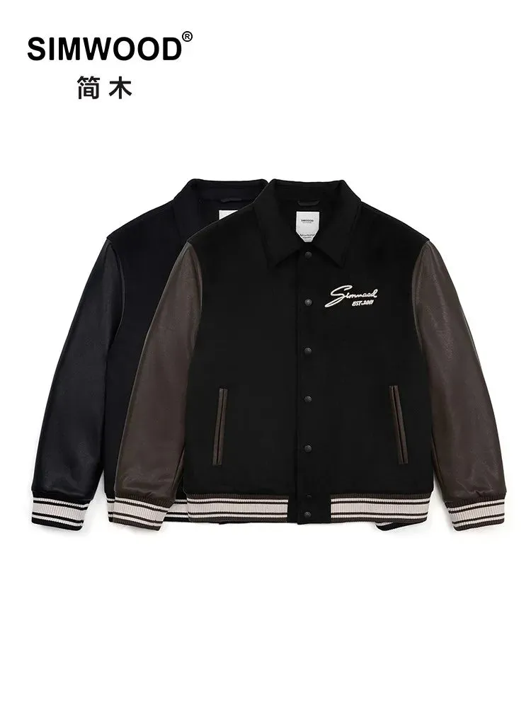 Oversize Wool Blend Thick Baseball Jackets with Leather Patchwork