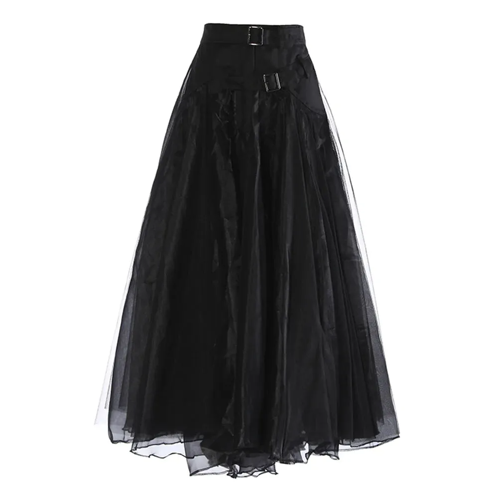 Patchwork Belt Mesh Skirts For Women High Waist Minimalist Summer Solid Skirt Female Fashion Style Clothing