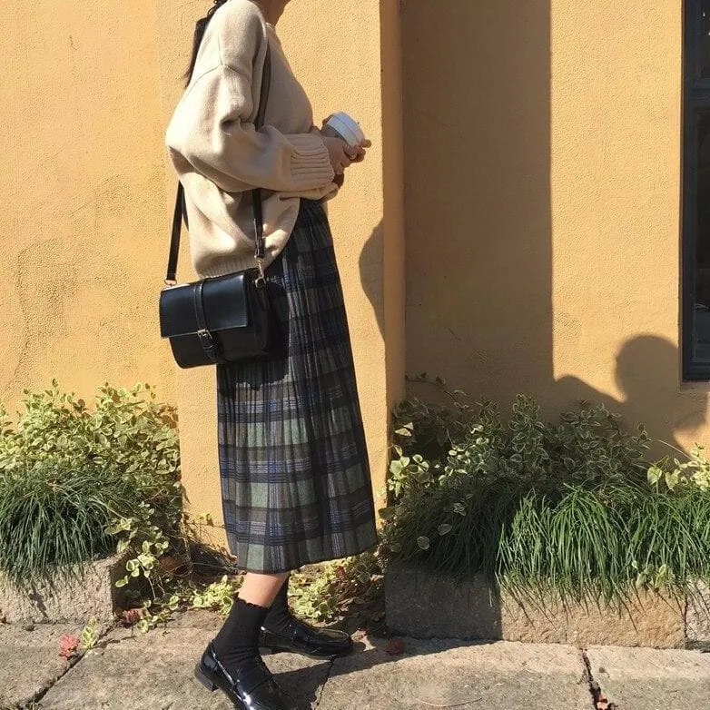 Pleated Midi Skirt With Plaid Pattern