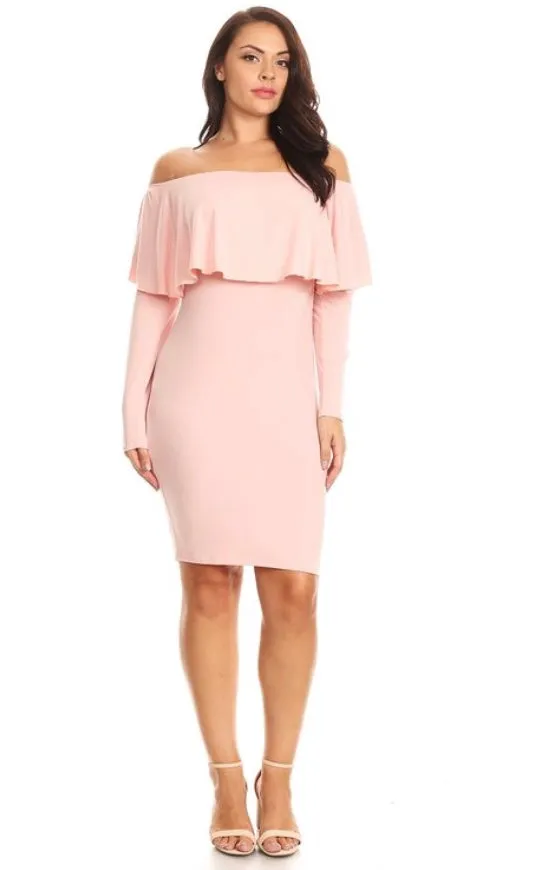 Plus Pink Off Shoulder Long Sleeve Bodycon Stretch Sexy Midi Dress