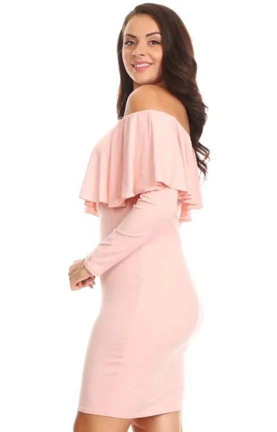 Plus Pink Off Shoulder Long Sleeve Bodycon Stretch Sexy Midi Dress