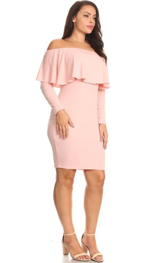 Plus Pink Off Shoulder Long Sleeve Bodycon Stretch Sexy Midi Dress