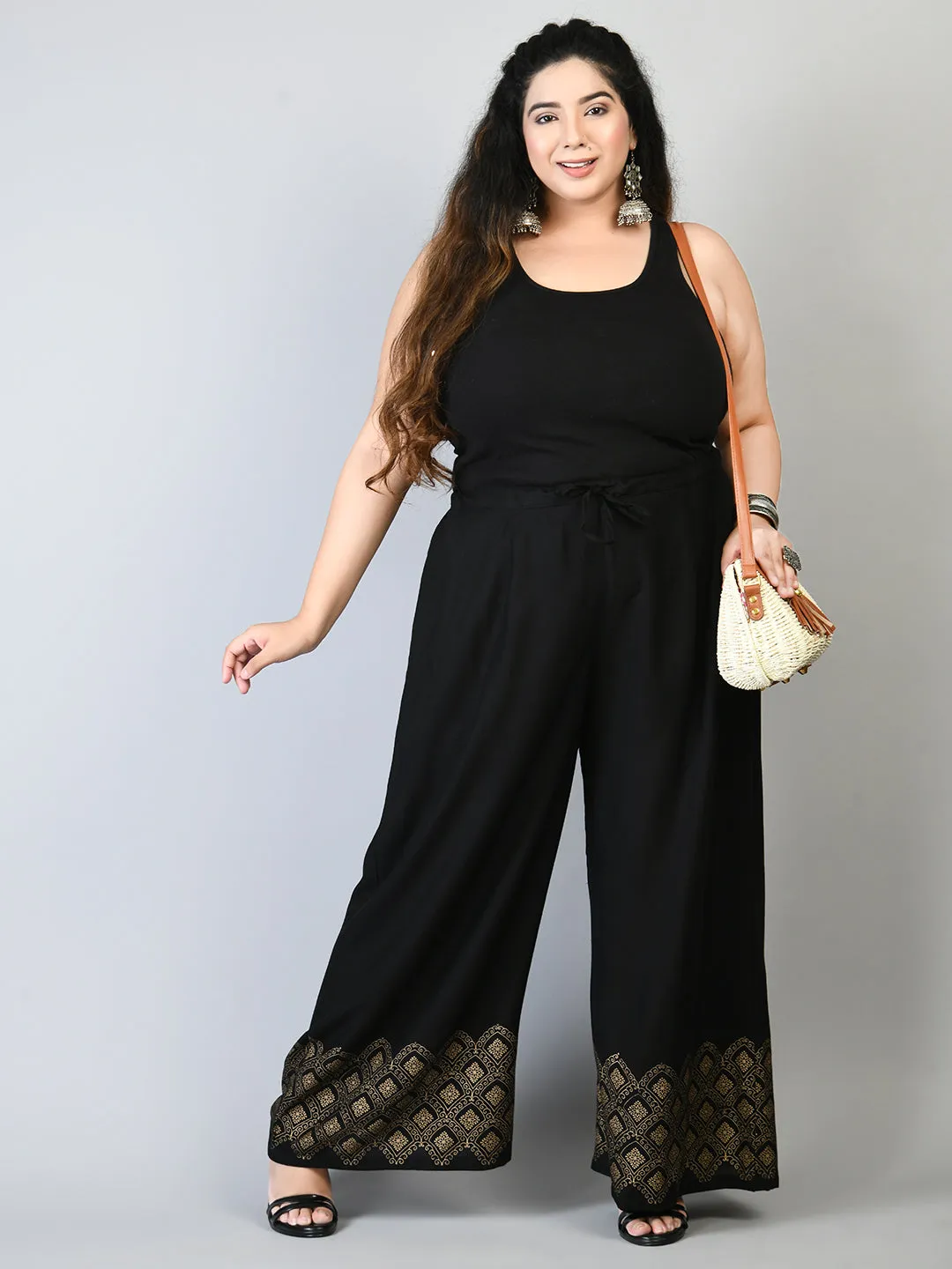 Plus Size Black Diamond Gold Printed Palazzos