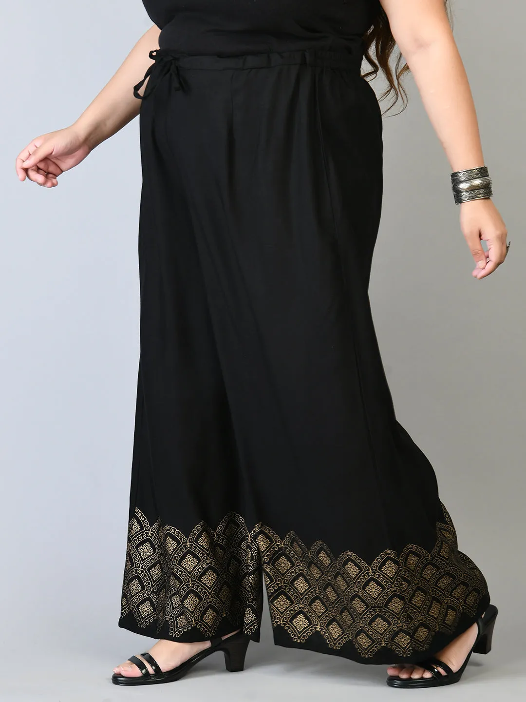 Plus Size Black Diamond Gold Printed Palazzos