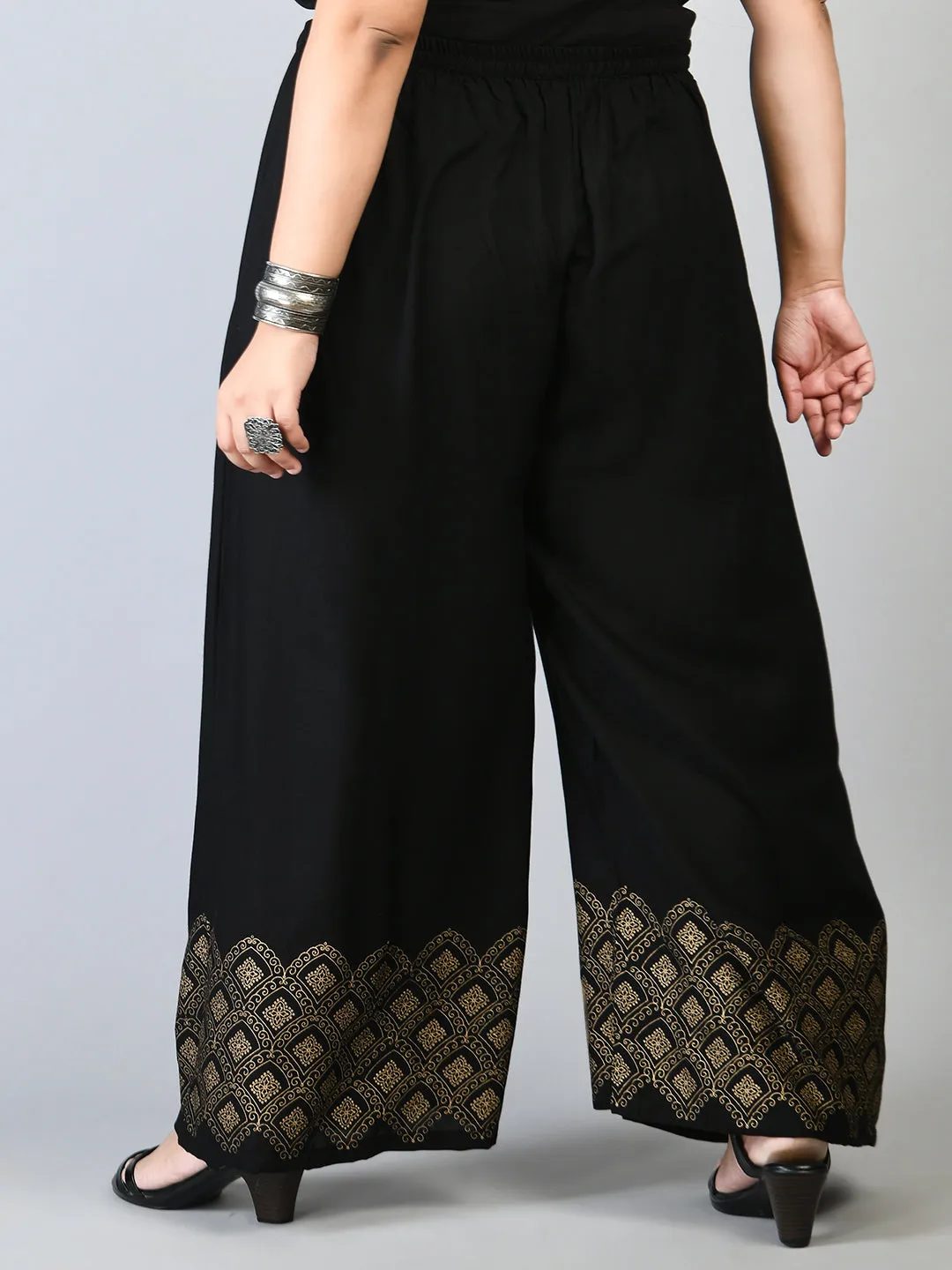 Plus Size Black Diamond Gold Printed Palazzos