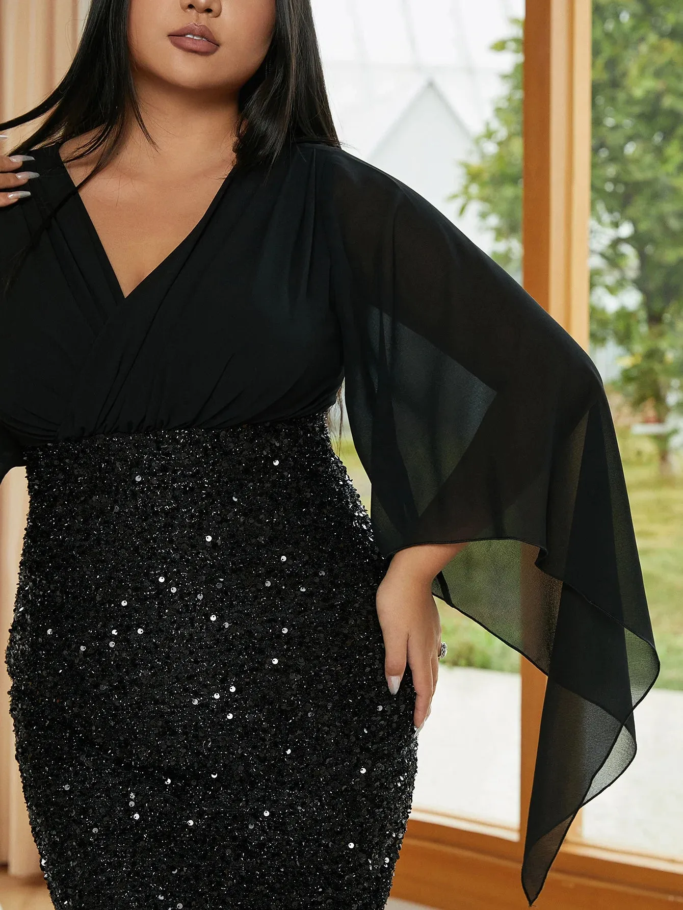 Plus Size Evening Dress Elegant Flare Sleeve Sequin Slit Bodycon Party Gown