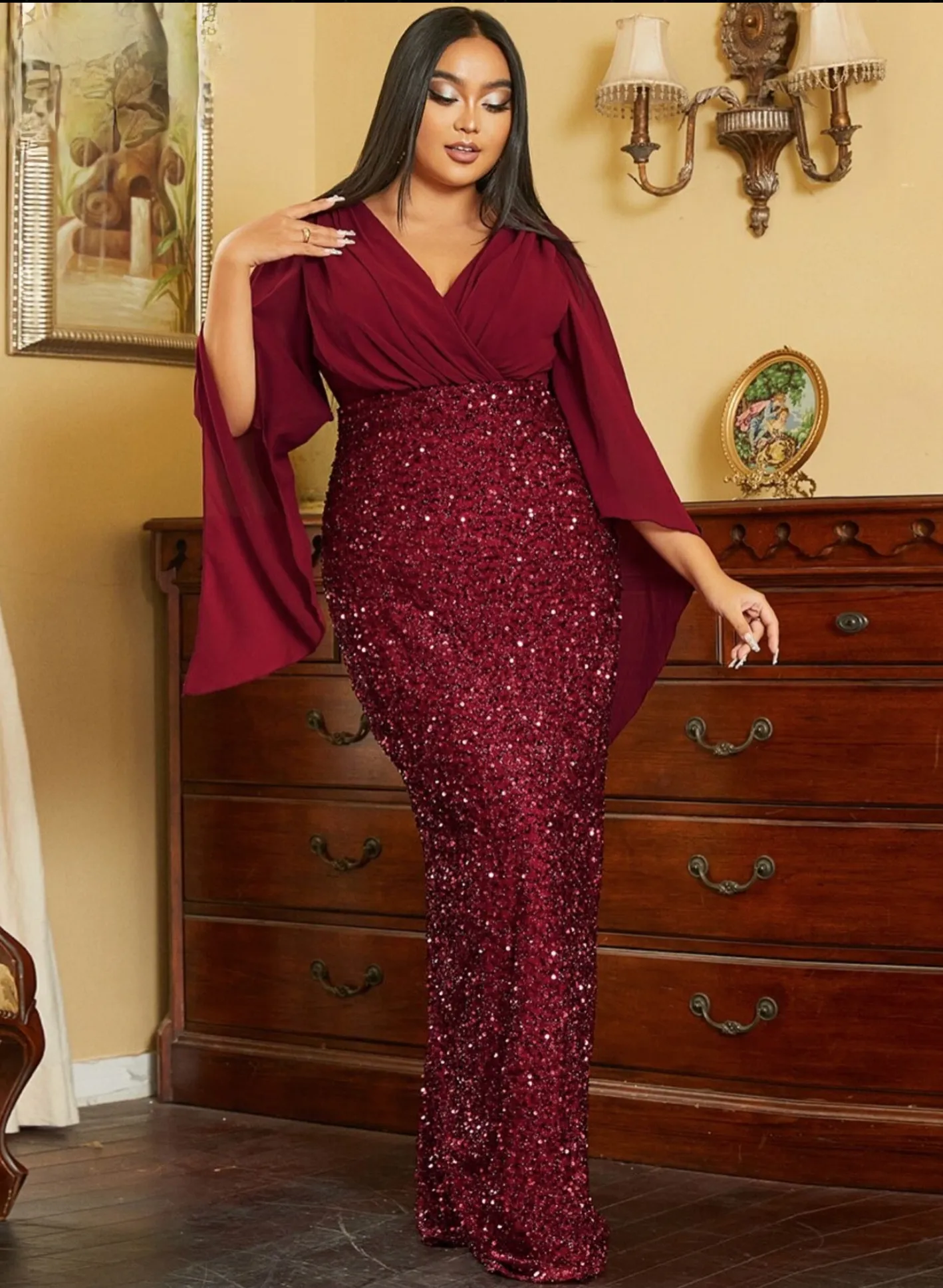 Plus Size Evening Dress Elegant Flare Sleeve Sequin Slit Bodycon Party Gown