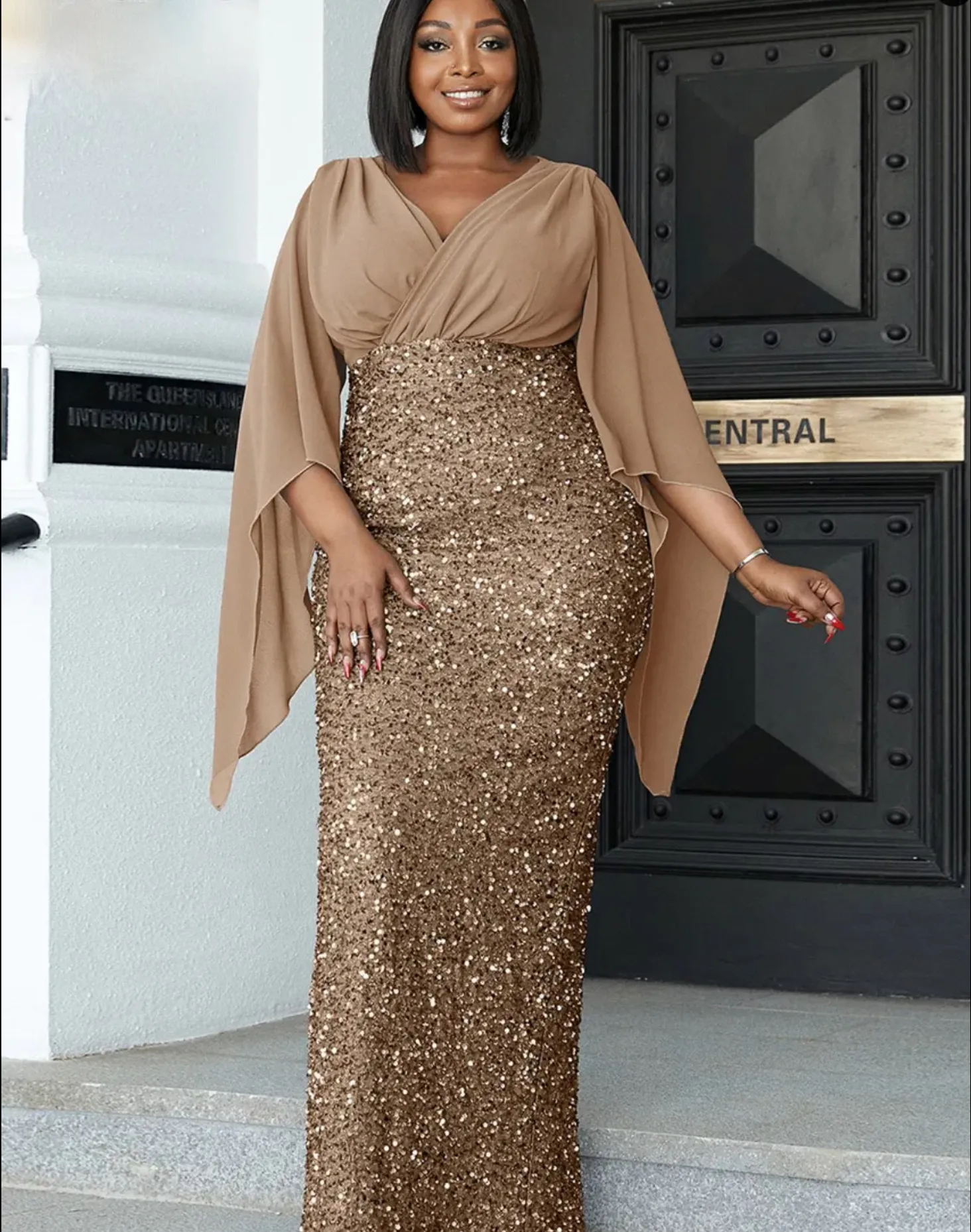 Plus Size Evening Dress Elegant Flare Sleeve Sequin Slit Bodycon Party Gown