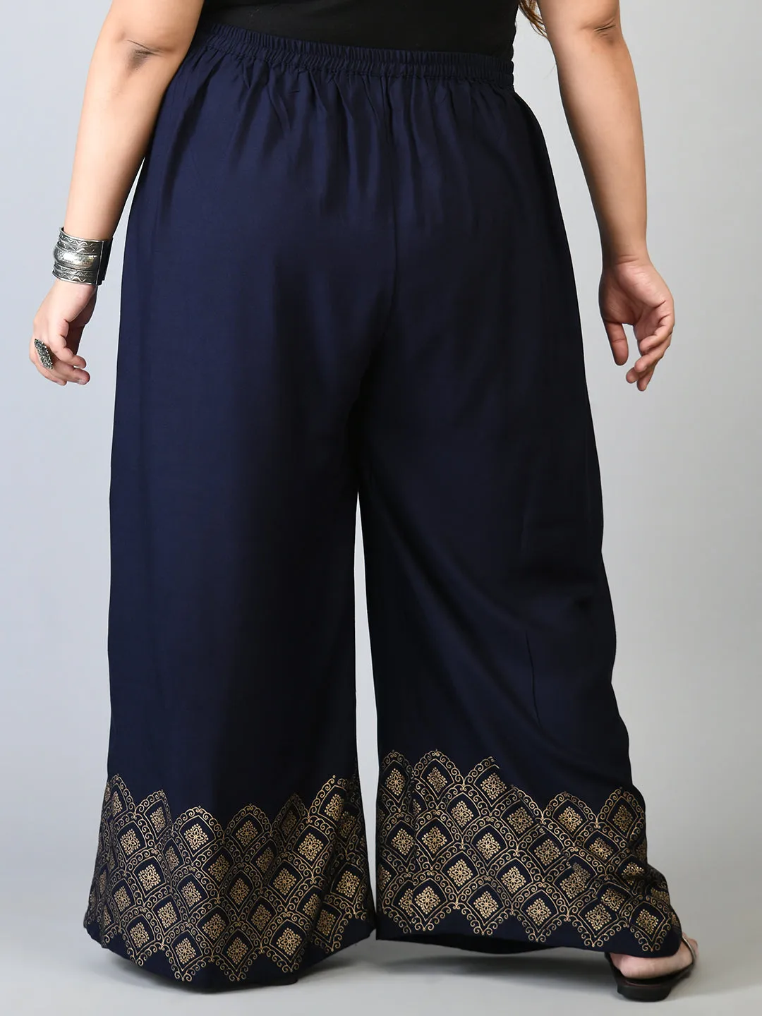 Plus Size Navy Blue Diamond Gold Printed Palazzos