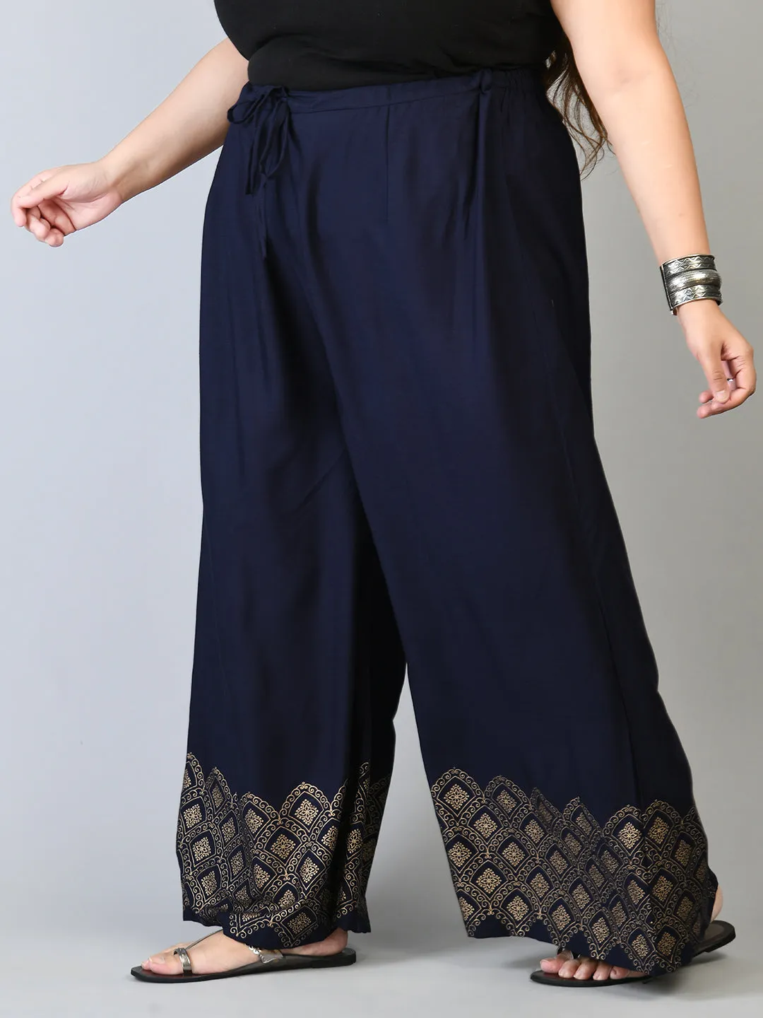 Plus Size Navy Blue Diamond Gold Printed Palazzos