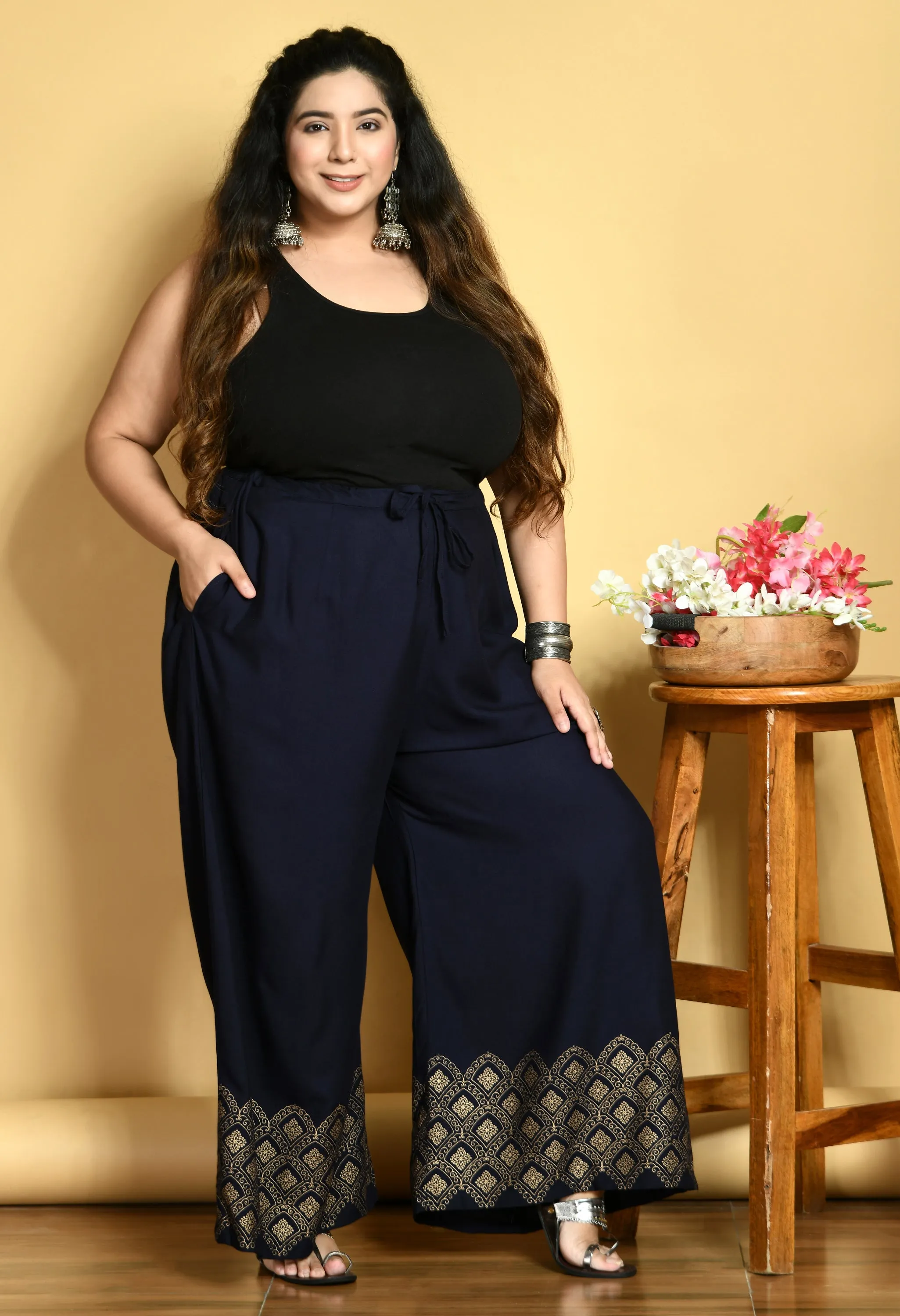 Plus Size Navy Blue Diamond Gold Printed Palazzos