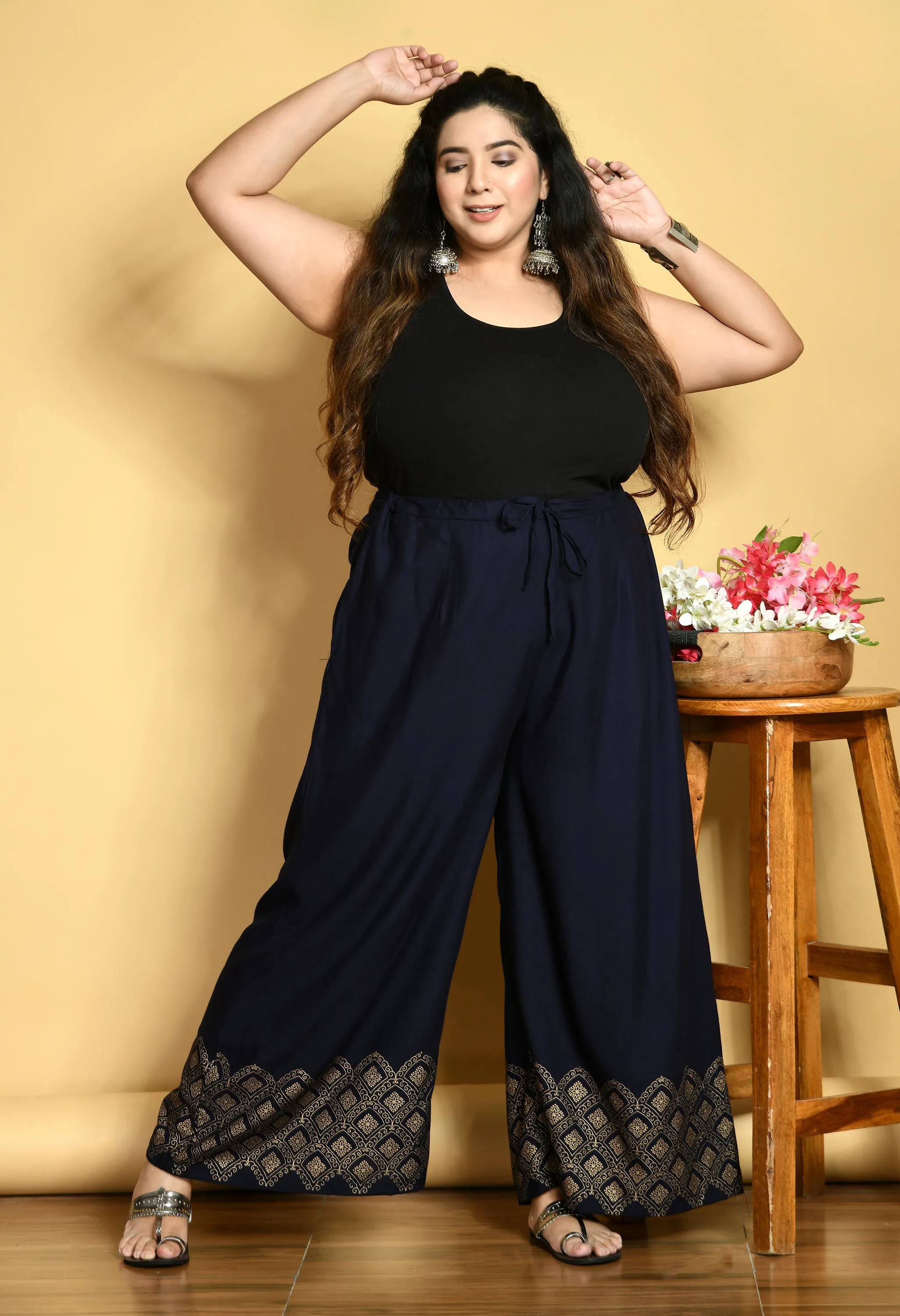 Plus Size Navy Blue Diamond Gold Printed Palazzos