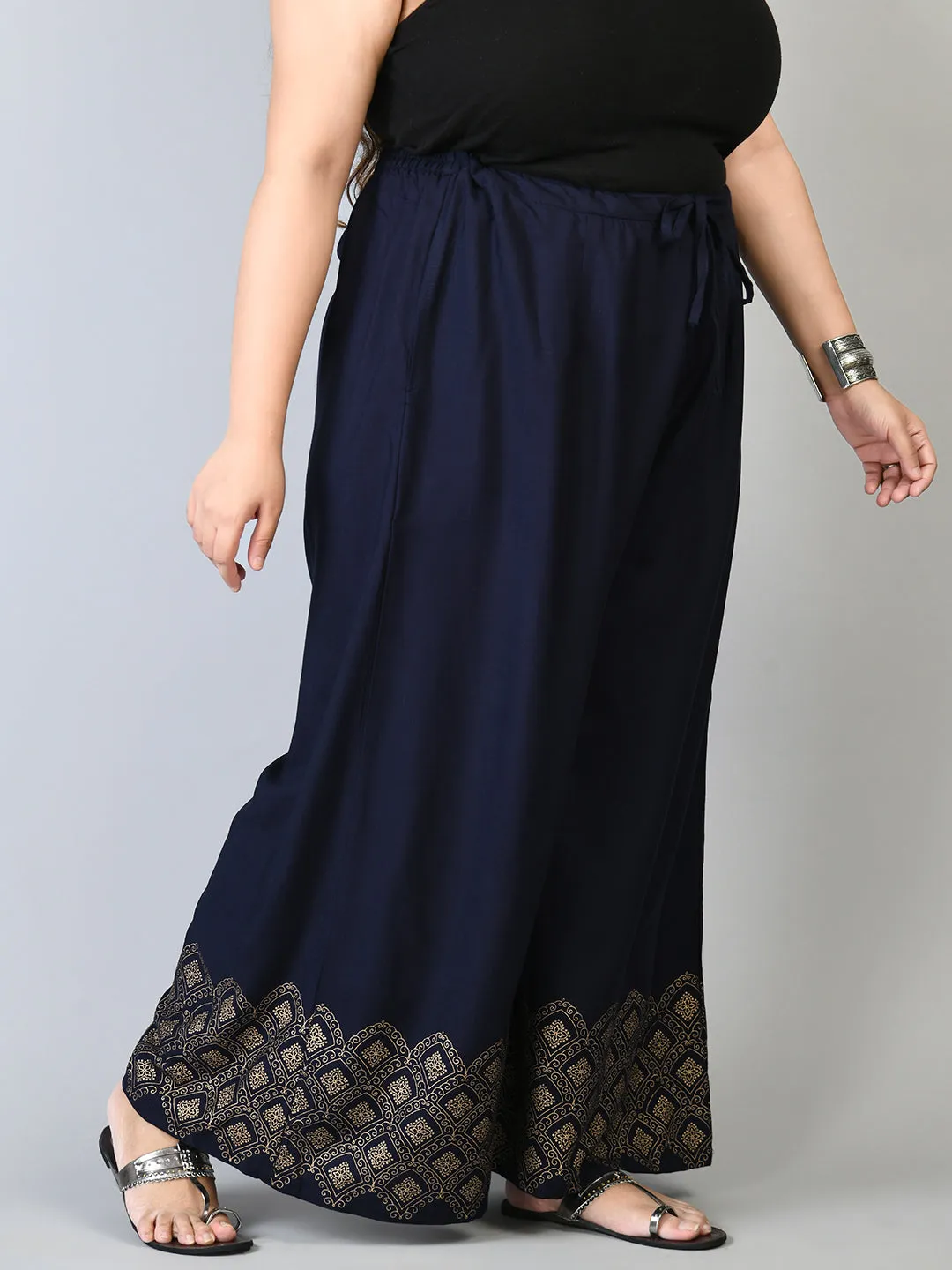 Plus Size Navy Blue Diamond Gold Printed Palazzos