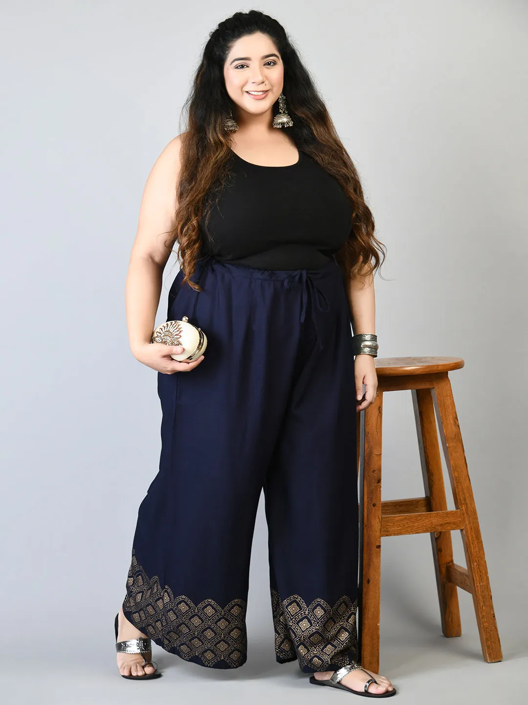 Plus Size Navy Blue Diamond Gold Printed Palazzos