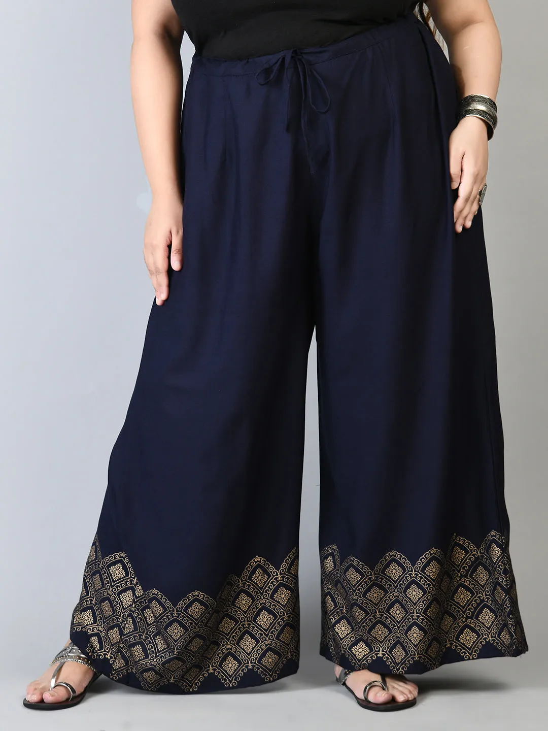 Plus Size Navy Blue Diamond Gold Printed Palazzos