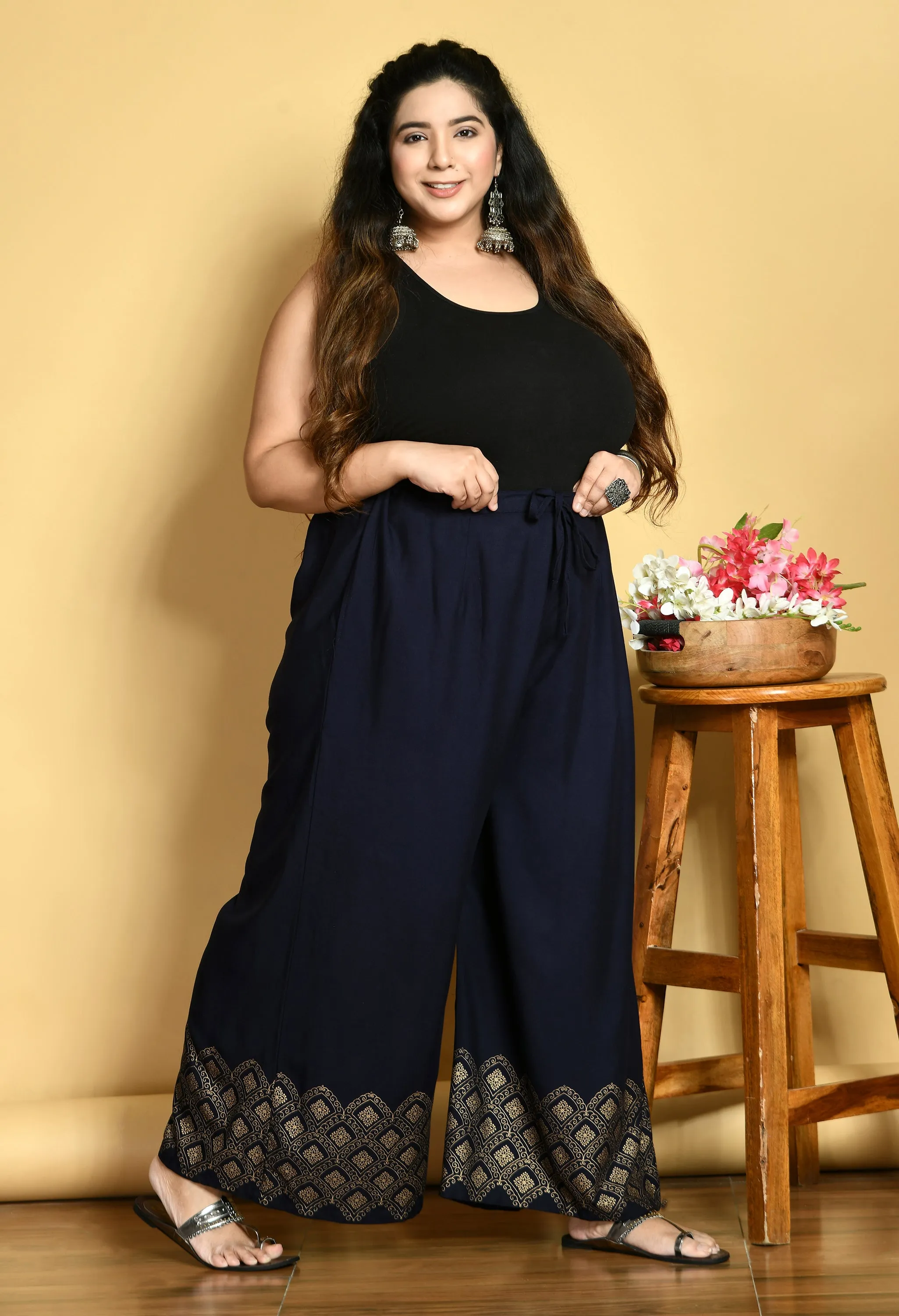 Plus Size Navy Blue Diamond Gold Printed Palazzos