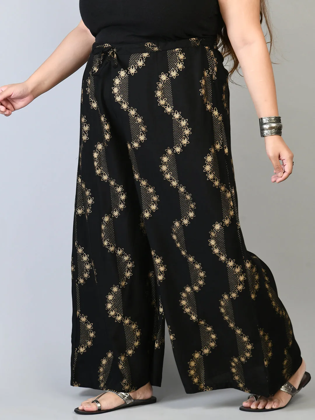 Plus Size Plus Size Black Floral Gold Printed Palazzos