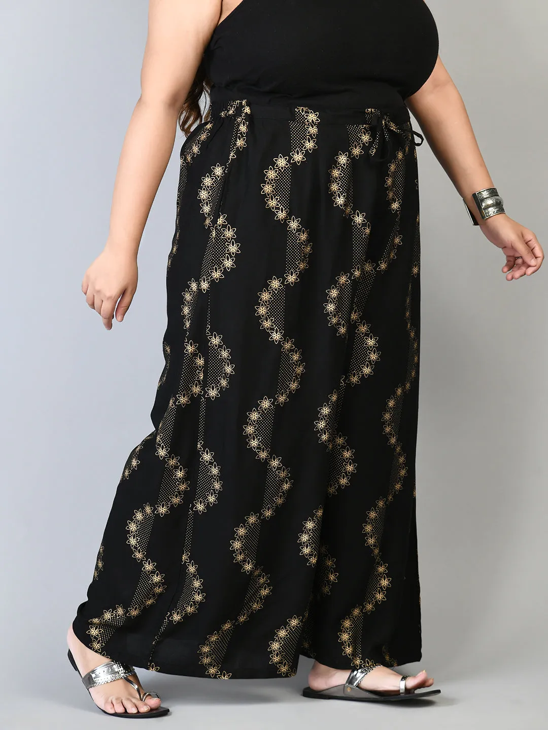 Plus Size Plus Size Black Floral Gold Printed Palazzos