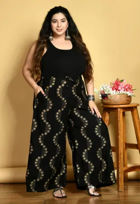 Plus Size Plus Size Black Floral Gold Printed Palazzos