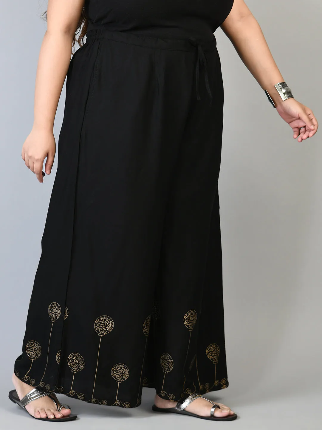 Plus Size Plus Size Black Gold Printed Palazzos