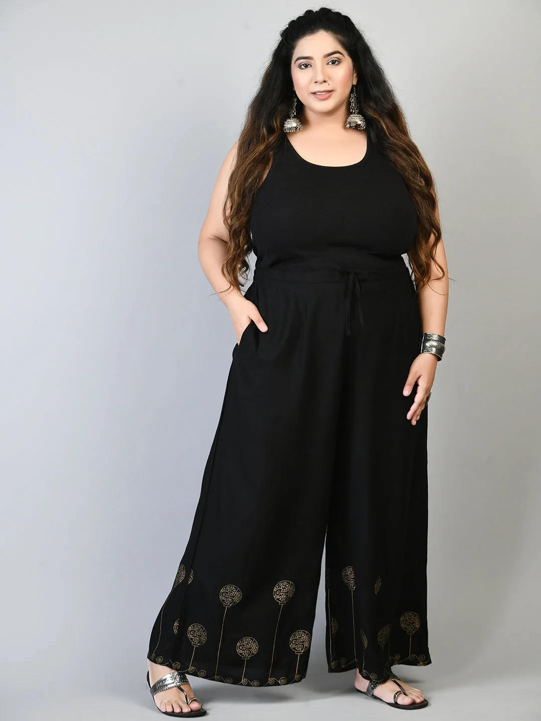 Plus Size Plus Size Black Gold Printed Palazzos