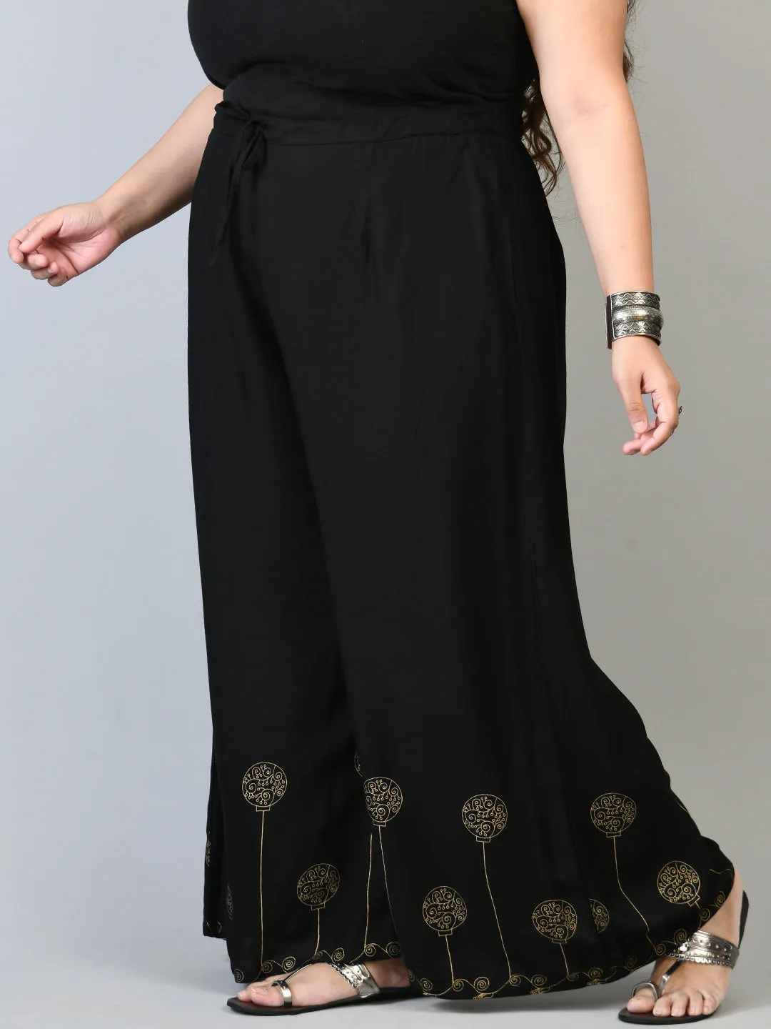 Plus Size Plus Size Black Gold Printed Palazzos