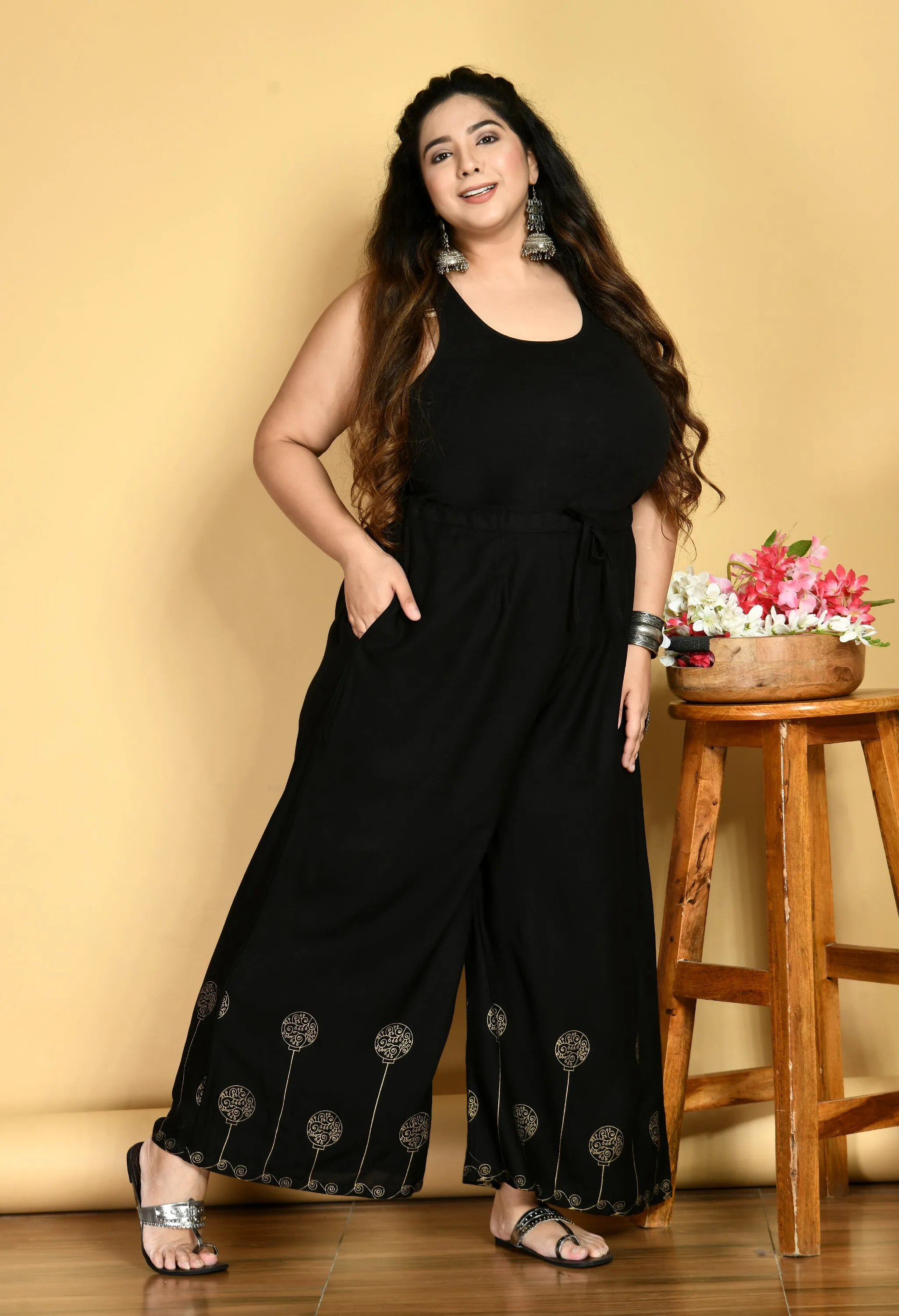 Plus Size Plus Size Black Gold Printed Palazzos